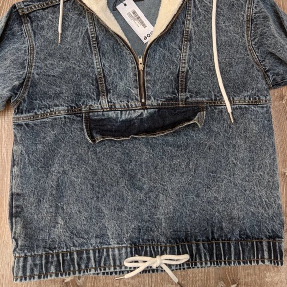 NWT Boohoo Oversized Denim Sherpa Sweatshirt Style Jacket Size 0 Petite - Picture 4 of 16